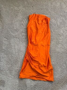 Hot Miami Styles Bright Orange One-Shoulder Ruched Midi Dress